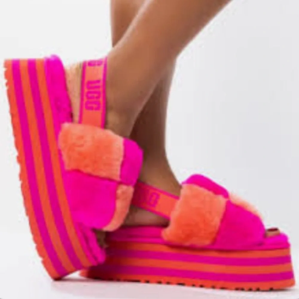 UGG Disco Checkered Slide Platform Sandals Pink/Orange Size 7